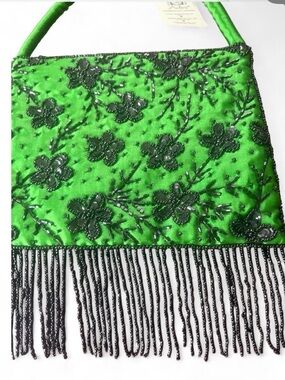 Adini Handmade Beaded Floral Fringe Bag - Emerald Green